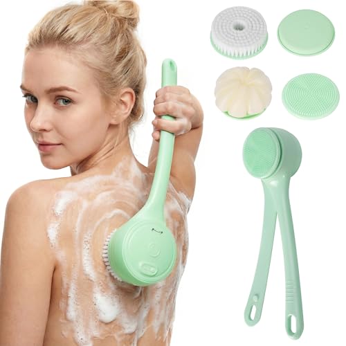 Electric Body Brush Back Scrubber for Shower，5 Replaceable Heads and Hook,Waterproof Long Dual Handle Power Body Scrubber 2 Speeds, for Cleansing Body, Exfoliating and Massaging Skin. - color: Green