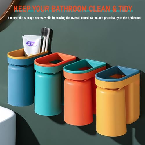 Toothbrush Holder Wall Mounted with Cup,2-in-1 Toothbrush Holders & Cups Set,Inverted Design for Easy Cleaning and draining,Stick-on Toothbrush Holder for Bathroom (4 Pack) - color: 4 Pack
