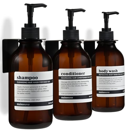 Shampoo and Conditioner Dispenser Wall Mounted Set of 3 Amber Black - No Drill Shower Soap Dispenser for Bathroom Refillable - Spa Hotel Style Accessories by MaisoNovo - color: Amber Classic Set of 3