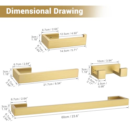 Brushed Gold Bathroom Hardware Set, 4-Piece Bath Towel Bar Set SUS304 Stainless Steel Towel Rack Set for Bathroom, 23.6 inches Bathroom Towel Holder Set Wall Mounted - color: Brushed Gold, size: Set A
