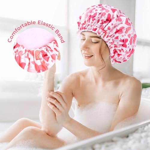 Aileam Pink Bow Shower Cap for Women, Terry Lined Bath Cap Large Reusable Waterproof Shower Hair Cap for Long Thick Hair - color: Hearts & Bows