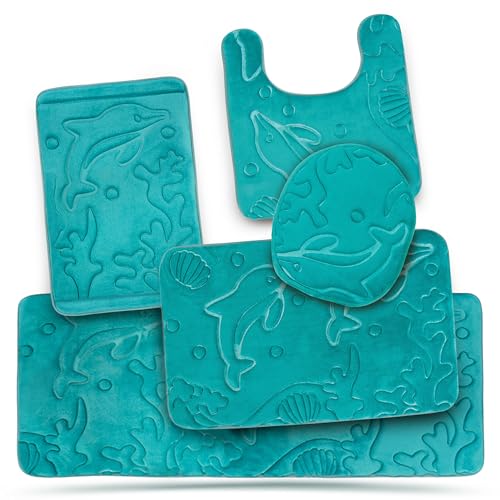 Bathroom Rug Set 5 Piece - Memory Foam Bathroom Mat Set, Soft and Comfortable, Non-Slip Thick Absorbent Bath Mats, Machine Washable, Teal - color: Teal