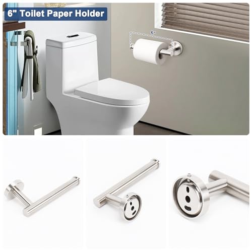 NearMoon 5 Pieces Bathroom Hardware Set SUS304 Thicken Stainless Steel-Towel Rack Kit Include 24" Towel Rod +Bath Towel Ring +Toilet Paper Holder +2 Robe Towel Hooks Bath Accessories (Nickel) - color: Brushed Nickel