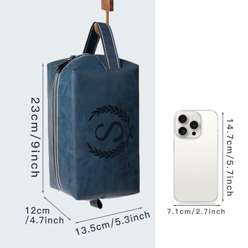 Personalized Gifts Travel Toiletry Bag for Men Engraved Initial PU Leather Waterproof Shaving Bag for Toiletries Accessories Fathers Day Birthday Gift for Men Dad Husband Son, Dark Blue F - color: Dark Blue, style: F