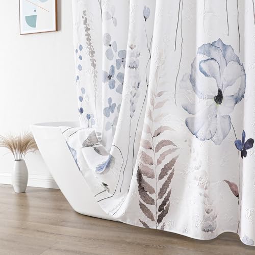 QiyI Watercolor Wildflowers Shower Curtain, Minimalist Grey Poppies Cloth Bath Curtain, Embossed Butterflies Botanical Flower Bathroom Curtain, Waterproof Fabric Shower Curtain Set with Hooks, 72x72 - color: Grey Poppy, size: 72"W x 72"L (Pack of 1)