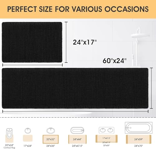 IM HOME Waffle Bath Mat Set 2 Piece Black,Woven Modern Bath Rug Mats, Absorbent Non Slip Bath Floor Mat, Soft Washable Boho Bath Rugs with Tassels for Bathroom, Bedroom, Kitchen,Tub - color: Black, size: 24′′×17′′ + 60′′×24′′
