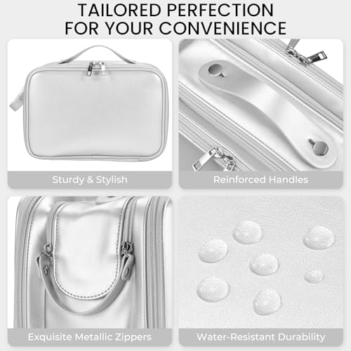 HauteHues Travel Makeup Bag Women's Large Capacity Cosmetic Portable Organizer Large Opening Waterproof Storage Toiletry Bags Vertical Free-Standing Brush Holder for Easy Access Silver - color: Silver