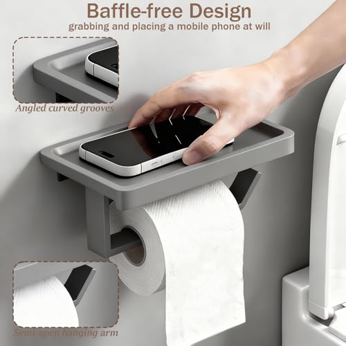 Dark Gray Toilet Paper Holder with Shelf, Premium Thicken Aluminum Alloy, Self Adhesive Toilet Tissue Roll Holder Wall Mount for Bathroom, Washroom, Kitchen, RV with Cell Phone Storage - color: Dark Gray