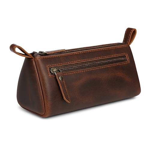Leather Makeup Bag for Women – Genuine Leather Cosmetic Bag Travel, Handmade Zippered Makeup Pouch, Small Toiletry Bag, Shaving Kit & Stationery Organizer- Brown - color: Brown Cosmetic Pouch