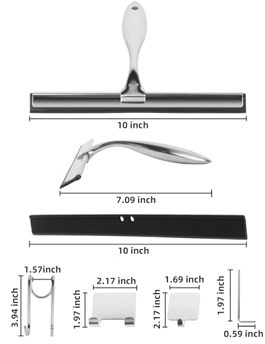 All-Purpose Stainless Steel Shower Squeegee Come with S Hook, 2 Square Sticky Hook 2 Rubber Strips Shower Squeegee for Glass Doors, Windows, Mirrors, Tiles and Car Glass -10 Inches Silver - size: 10"W x 7.09"H