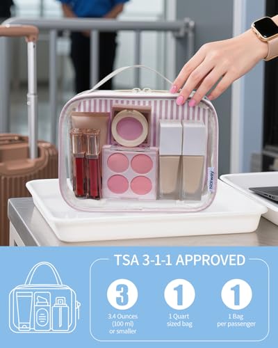 Narwey TSA Approved Clear Toiletry Bag for Travel, Waterproof PVC Clear Makeup Bags, Portable Compact Cosmetic Bag Make Up Organizer, Airport Airline Quart Size Compliant Bag (Dusty Pink Stripe) - color: Y-Dusty Pink Stripe