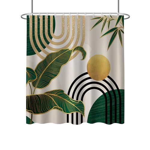 LQCOOL 4Pcs Green Shower Curtain Set, Boho Bathroom Sets,Shower Curtain with 12 Hooks, Bamboo Leaf Bathroom Sets with Shower Curtain and Rugs - color: Green Yellow