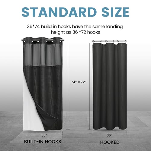 EUTXL Heavyweight Stall No Hook Shower Curtain with Snap in Liner,256GSM Waffle Weave Shower Curtains for Bathroom,36W x 74H,Black - color: Black, size: 36"W x 74"L (Pack of 1)