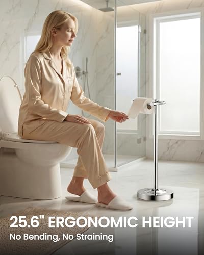 Freestanding Toilet Paper Holder, Weighted Base, No Springs, Chrome | Pivoting arm — just lift, reload, no springs. No drilling. 304 stainless steel, rustproof. Fits mega rolls, 25.6 inches. - color: Chrome
