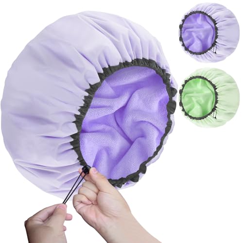 Sheomern 2 Pcs 15" XL Extra Large Terry Lined Shower Cap, Adjustable Dual Waterproof Shower Cap for Women Reusable Soft Hair Cap Bath Cap for Long Braids, Thick Hair, Locs, Curly Hair - color: Purple+Green, size: X-Large