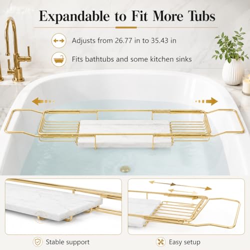 Expandable Bathtub Tray, Stainless Steel Bath Table Tray with Marble Board, Modern Luxury Bathtub Shelf for Bathrooms, Kitchen Sink (Gold + White) - color: Gold + White