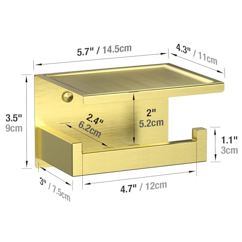 HITSLAM Gold Toilet Paper Holder, Stick on Brushed Brass Toilet Paper Holder with Shelf, Self Adhesive No Drill or Wall-Mount with Screws for Bathroom - color: Brushed Brass, size: Medium