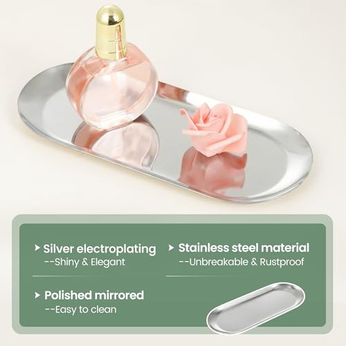 2PACK Silver Decorative Tray, Bathroom Vanity Tray for Dresser Counter, Stainless Steel Jewelry Dish Tray for Decor, Perfume Ring Key Candle Organizer Tray, Oval - color: Silver