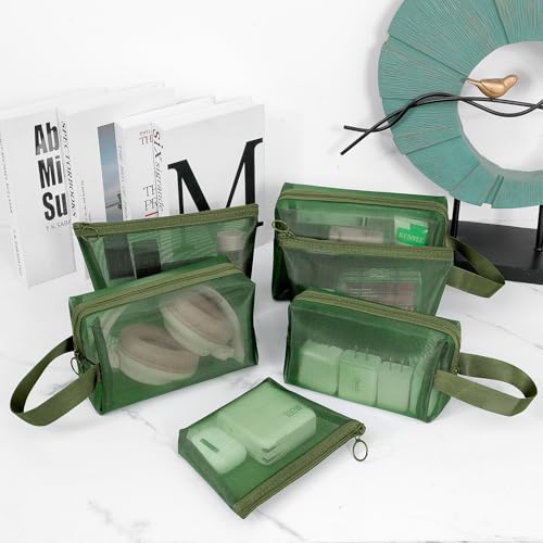 6 Pieces Zipper Mesh Makeup Bags Set, Nylon Cosmetic Bags Portable Clear Toiletry Bas Travel Organizer Bags for Office Travelling Organization (Green, Assorted Size) - color: Green