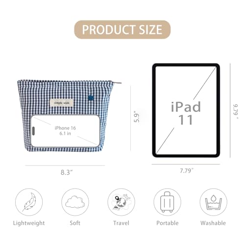 Wudygirl Makeup Bag Travel Cosmetic Bag for Women Small Makeup Pouch with Handle Zipper Cosmetic Pouch Handbag Aesthetic 8.3" x 5.9"(Navy Checkered) - color: Navy Checkered
