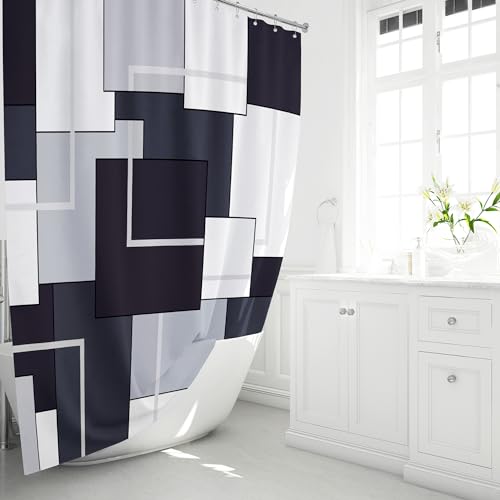 BTTN Extra Long Fabric Shower Curtain - 72 x 84 Inches Long Geometric Cloth Shower Curtain Set with 12 Plastic Hooks, Large Hotel Modern Abstract Polyester Curtains for Bathroom Showers - Black - color: Black, size: 72"W x 84"L (Pack of 1)