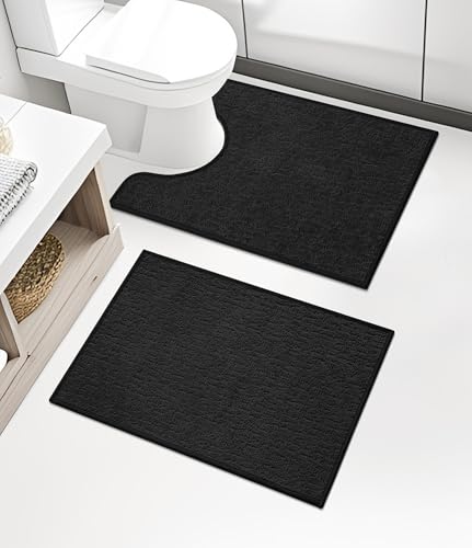 chakme Bathroom Rug Sets 2 Piece, Ultra Thin Quick Dry Bath Mat Set, Absorbent Bath Mat for Bathroom Non Slip Machine Washable, (Black, 2 Piece) - color: Black, size: 2Piece-Contour Rug