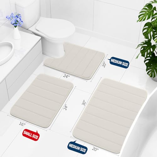 Buganda Memory Foam 3 Pieces Bathroom Rugs Set - Thick Soft Absorbent Bath Mats, Washable Small/Large/Contour Bath Rugs (24" x 16" + 30" x 20" + 24" x 20", Cream) - color: Cream, size: 24" X 16" + 30" X 20" + 24" X 20"