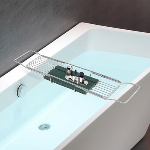 Bathtub Tray for Tub, Metal Expandable Extra Wide Bath Caddy Tray for Bathtub with Natural Marble Groove for Bath Spa (Silver Frame Green Marble Base) - color: Silver Frame Green Marble Base