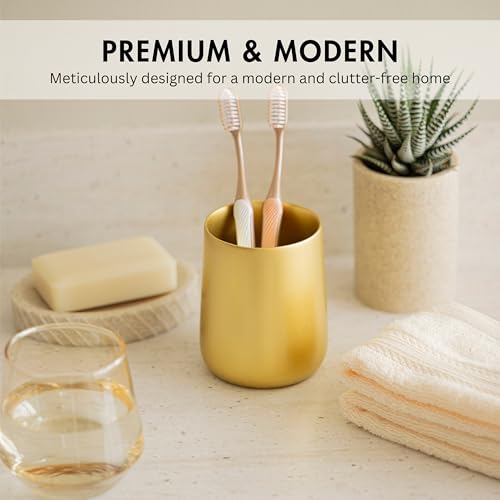 Yew Design Gold Toothbrush and Toothpaste Holder and Cup for Bathroom Vanity and Countertop, Round Organizer for Electric Toothbrushes, Floss, Razors, Cotton, and Mouthwash - color: Round Gold