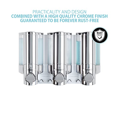 Better Living Products 76345 AVIVA Three Chamber Dispenser, Chrome | 3 Chamber, Shower Dispenser for Bathroom, Built-in Hooks, No Drill, Waterproof Shampoo Soap Dispenser Pump - color: Chrome, size: 3-Chamber