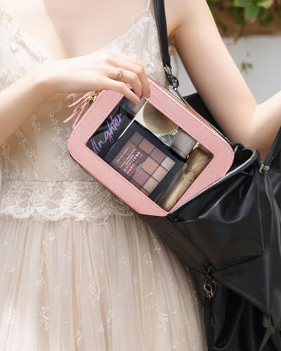 Travel Clear Makeup Bag Set, TSA Approved Cosmetic Bag Case with Zipper Portable Makeup Pouch Toiletry Bag Traveling Cosmetic Organizer Storage Bag Car Organizer Car Essentials - color: Mini+Large Pink