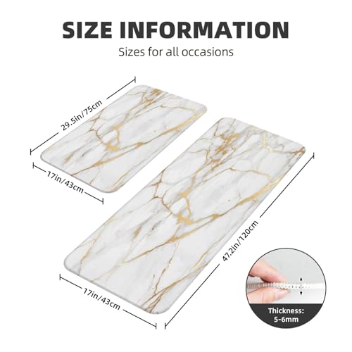 White Marble Print Kitchen Rugs Microfiber Floor Mats Marbling Cushioned Carpet Runner Rug for Laundry Bathroom Living Room, 2 Piece Set 17"X 47" + 17"X 30" - color: White Marble Print