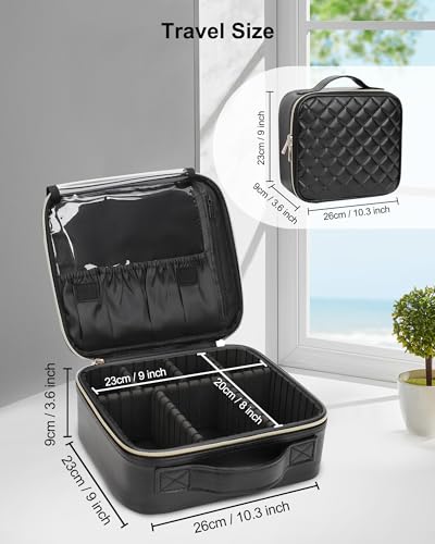 Relavel Makeup Bag, Travel Cosmetic Train Case Organizer Portable Artist Storage Bag with Adjustable Dividers for Cosmetics Makeup Brushes Toiletry Jewelry Digital Accessories Quilted Leather Black - color: Quilted Leather, size: Small