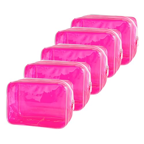 Neon TSA Approved Clear Toiletry Pouch, 7"x2.3"x4.7" Size, PVC Travel Makeup Bags for Toiletries, Transparent Cosmetic Bag for Women and Men Small (Hot Pink 5PCS) - color: Hot Pink 5PCS