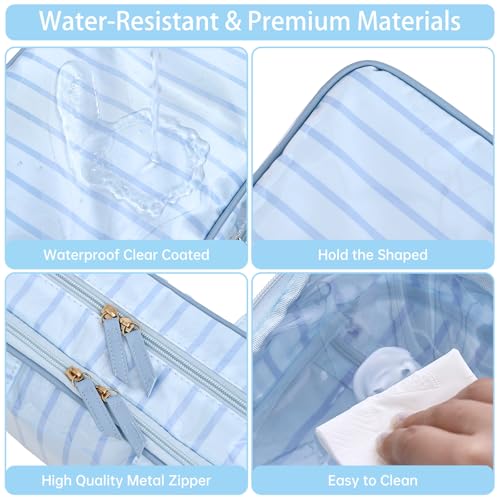 Travel Toiletry Bag for Women, Waterproof Clear Coated Portable Stripe Makeup Cosmetic Bag with Compartment, Travel Organizer for Shampoo, Conditioner, Brushes Set,Cosmetic Accessories(Blue Stripe) - color: Blue Stripe