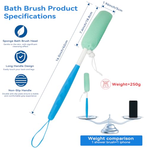 KkaFFeKkaFFe Shower Back Brush With Long Handle, 15.35" Body Brush, Back Scrubber for Men Women, Handled Sponge Body Exfoliator, Loofah Scrubber for Aid Bathing - size: Blue+Green Handle