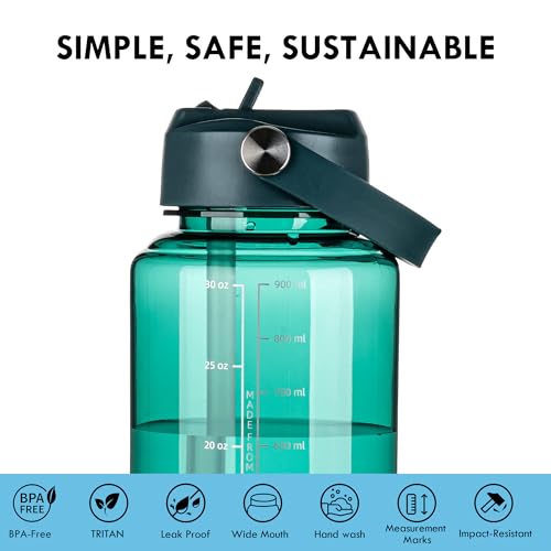 OLDLEY 32oz Water Bottle with Straw,Leakproof Tritan Clear Bottle with Marked Bottle and Carry Handle, BPA-Free Wide Mouth Reusable Sports Water Bottle for Gym,Hiking, Camping, Travel, Workout,Lagoon - color: Lagoon