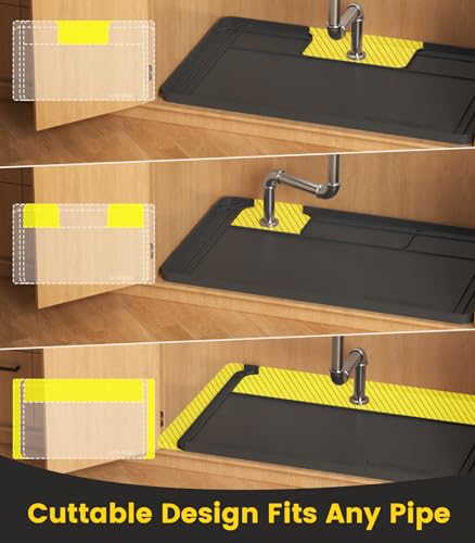 Wohbay Under Sink Mats for Kitchen Waterproof, Cut to Fit Under Sink Drip Tray for Kitchen Bathroom Cabinets, Silicone Sink Liner Hold Up to 3.3 Gallons Liquid, 34" X 22" Or Smaller (Black, Large) - color: Black