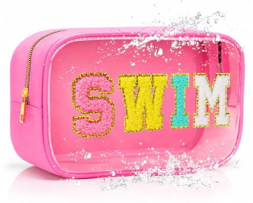 Sunscreen SPF Makeup Bag with SWIM Chenille Letters, Waterproof Clear Pink Cosmetic Bags for Women, Sunblock Organizer for Pool, Swim Team, Beach Travel Toiletry Sun Pouch - style: Pink-swim
