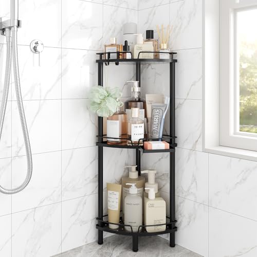 ELYKEN Corner Shower Caddy Standing, 3 Tier Rustproof Metal Shower Organizer with Soap Holder, Floor Shower Corner Shelf Rack Storage Stands with Adjustable Feet & 2 Hooks for Bathroom, Black - color: Black, size: 3 Tier