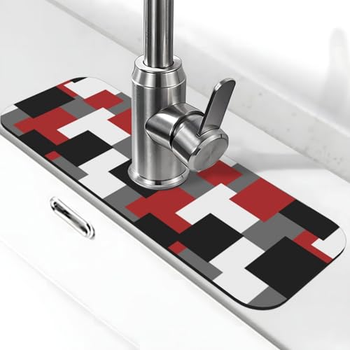 Grey Black White Plaid Square Red 15" X 5.5" Kitchen Sink Splash Guard Faucet Faucet Guard Draining Mat Sink Splash Guard Faucet Kitchen Bathroom - color: Grey Black White Plaid Square Red