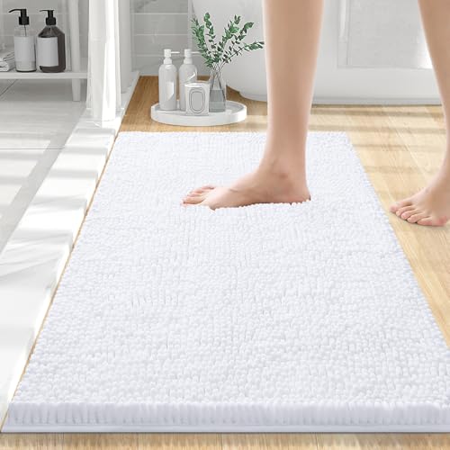 Smiry Luxury Chenille Bathroom Rugs 24x16, Extra Soft and Absorbent Shaggy Bath Mat, Machine Washable, Non-Slip Plush Carpet Runner for Tub, Shower, and Floor, Home Decor Accessories, White - color: White, size: 24'' X 16''