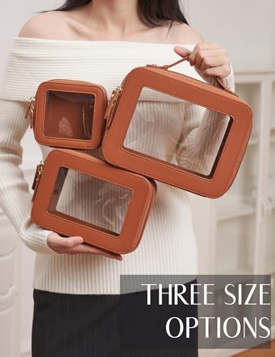 Popvibe Clear Makeup Bag Toiletry Case Travel Transparent Cosmetic Bag with Zipper, Portable Make Up Organizer Traveling Compact Car Bag for Essentials - color: Brown, style: Large Luxe
