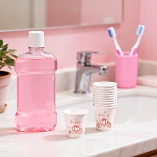 WRAPAHOLIC 3oz Paper Cups - 100 Pack Disposable Bathroom Cups with Pink Princess Design, Small Mouthwash Cup for Toothbrush Rinse, Home Bathroom, Picnic, BBQ, Travel and Baby Girl Party - color: Princess Pink