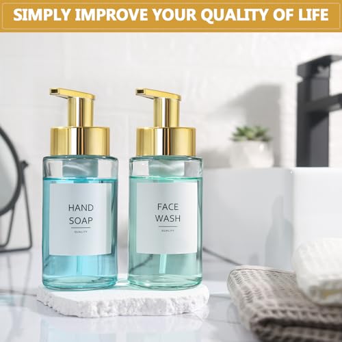 RYTOXILO Foaming Soap Dispenser, 10 oz/300ml Gold Soap Dispenser, 2 Pack Glass Foaming Hand Dispenser for Bathroom & Kitchen, Clear Refillable Foam Bottle with Waterproof Labels - color: Clear Bottle, size: 10 Fl oz with Gold Pump