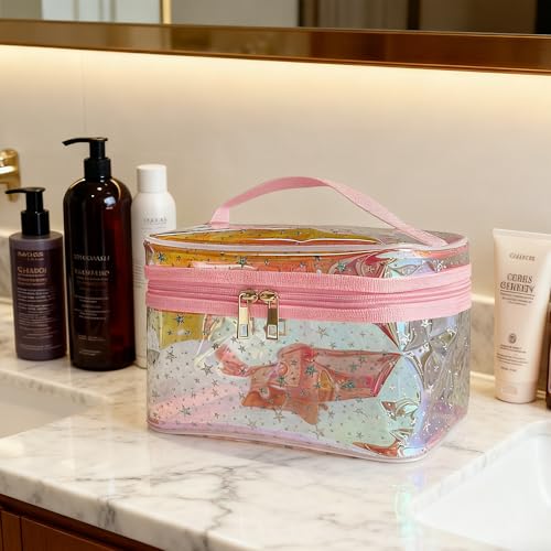 Waterproof Red Star Print PVC Makeup Bag with Handle - 8.66 * 5.51 * 5.51 inch Travel Cosmetic Organizer for Women Men Toiletry Pouch (Red Star-L) - color: Red Star-L