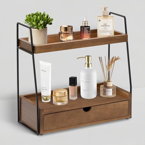 2-Tier Bathroom Organizer Countertop with Drawer, Wood Counter Organizer for Bathroom Decor, Sink Shelf for Vanity Storage, Makeup Tray for Perfume Skincare, Spice Rack Bedroom Kitchen Corner - color: Brown