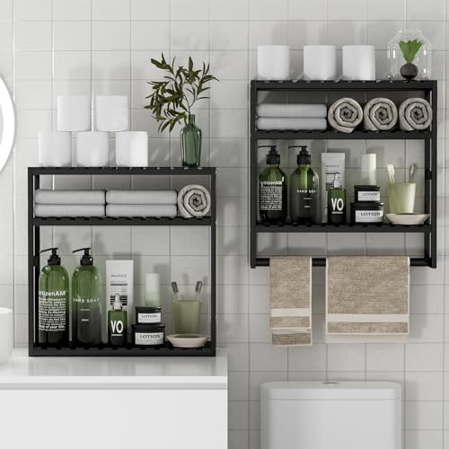 PPN Towel Rack Bathroom Storage Shelves Over The Toilet with Towel Bar 100% Bamboo Adjustable Height Floating Shelf Wall Shower Shelf for Small Space Bathroom Kitchen Multi Usage (Black-2Pack) - color: Black 2pack