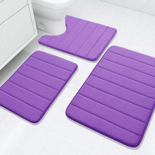 Buganda Memory Foam 3 Pieces Bathroom Rugs Set - Thick Soft Absorbent Bath Mats, Washable Small/Large/Contour Bath Rugs (24" x 16" + 30" x 20" + 24" x 20", Purple) - color: Purple, size: 24" X 16" + 30" X 20" + 24" X 20"