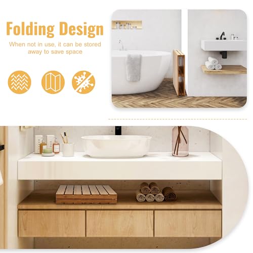 Foldable Bamboo Bath Mat for Shower, 31.49" x 17.71" in Non-Slip Wood Bathroom Rug, Quick-Dry Waterproof Carpet for Indoor Outdoor Use by Sink, Tub, Pool - size: 31.5" x 17.7" (Rectangular)